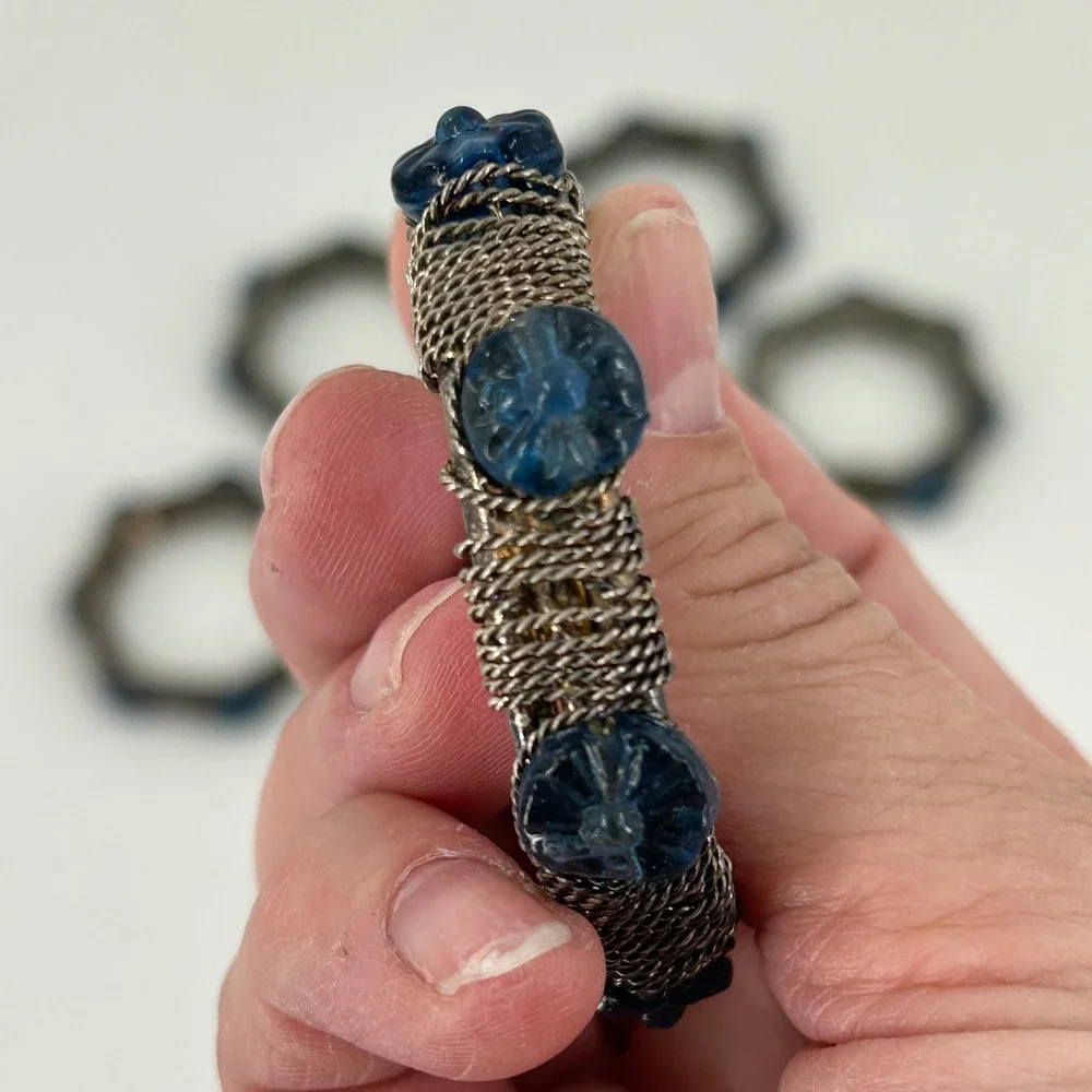 Vintage Napkin Rings Set of 6 Silver Tone Wire Wrapped Blue Glass Floral Detail